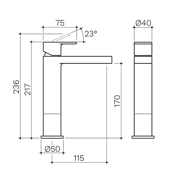 Clark Round Square Tower Basin Mixer - Matte Black - dimensions