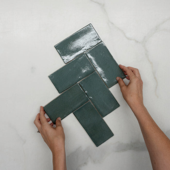 Fishbone With Hand Dark Green Dianna Hand Made Subway Tile 75 x 150 x 9mm Spanish Ceramic  - The Blue Space