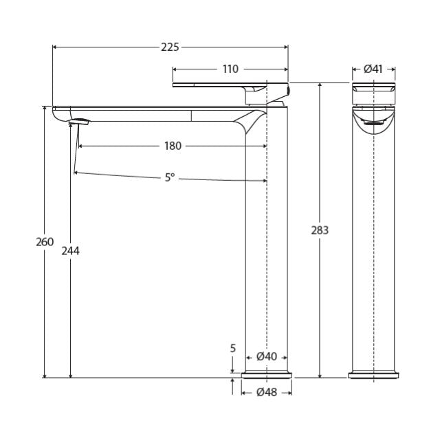 Technical Drawing Fienza Empire Slim Tall Basin Mixer Cold Start Brushed Copper 234107CO-LF - The Blue Space