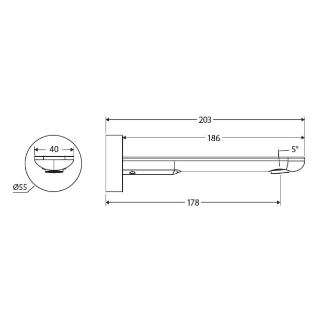 Technical Drawing Fienza Empire Slim Wall Basin/Bath Outlet 180mm Round Plate Matte Black 234115B-2-LF - The Blue Space