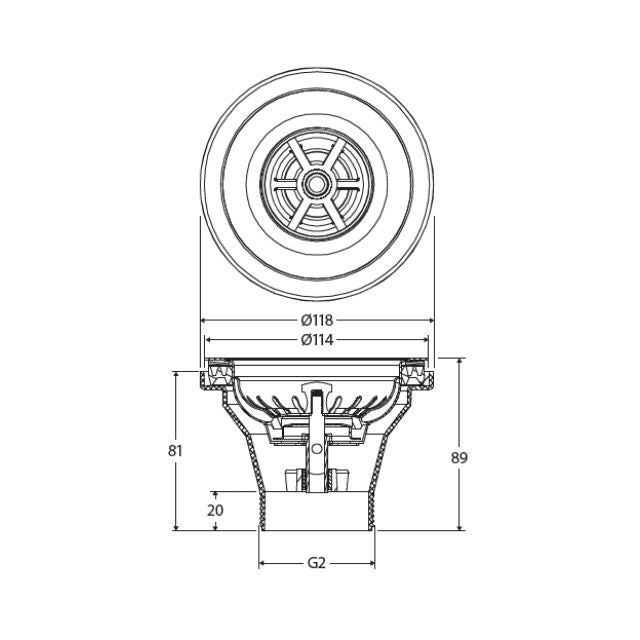 Technical Drawing Fienza Hana Sink Basket Waste Brushed Copper 50X90mm With Extended Bolt A3CO - The Blue Space