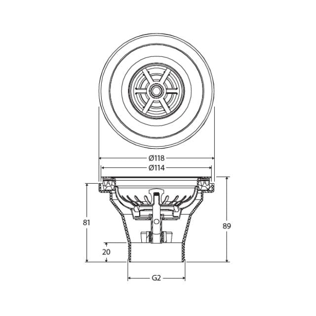 Technical Drawing Fienza Hana Sink Basket Waste Stainless Steel 50X90mm With Extended Bolt A3SS - The Blue Space