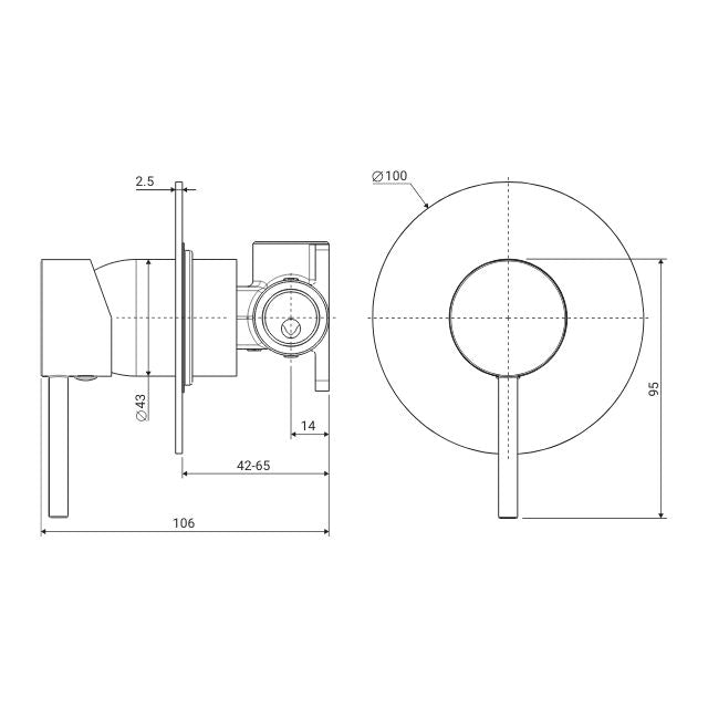 Technical Drawing Fienza Kaya Wall Mixer Dress Kit Large Round Plate Matte Black D228101B-3 - The Blue Space