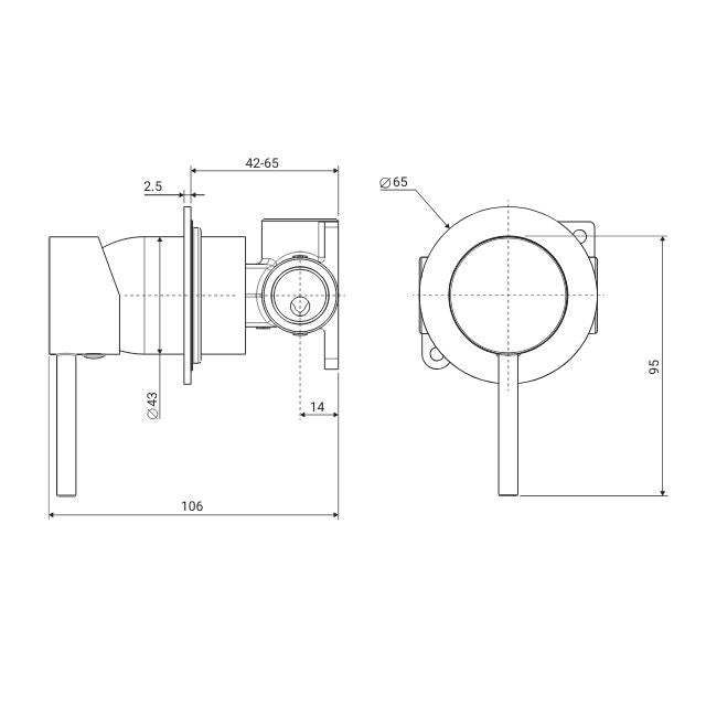 Technical Drawing Fienza Kaya Wall Mixer Dress Kit Small Round Plate Gun Metal D228101GM - The Blue Space