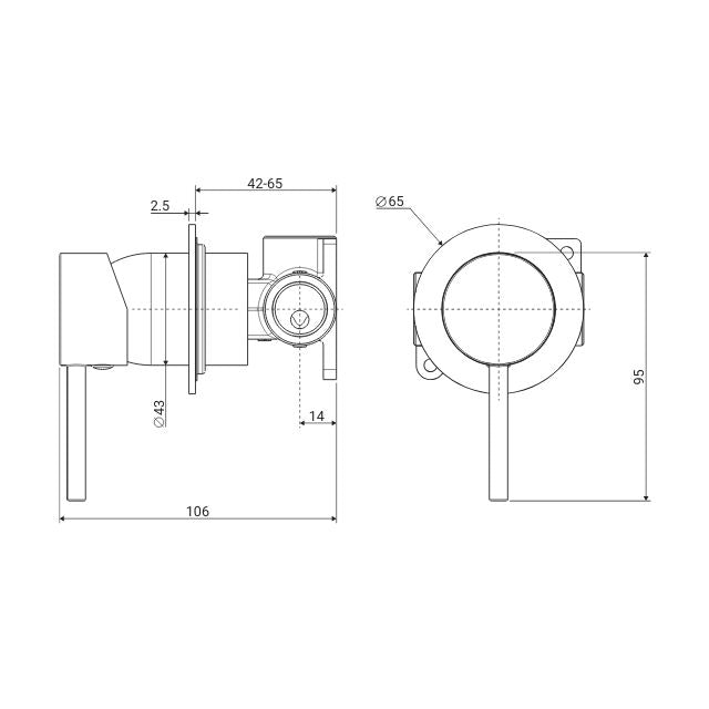 Technical Drawing Fienza Kaya Wall Mixer Small Round Plate Matte Black  228101B - The Blue Space