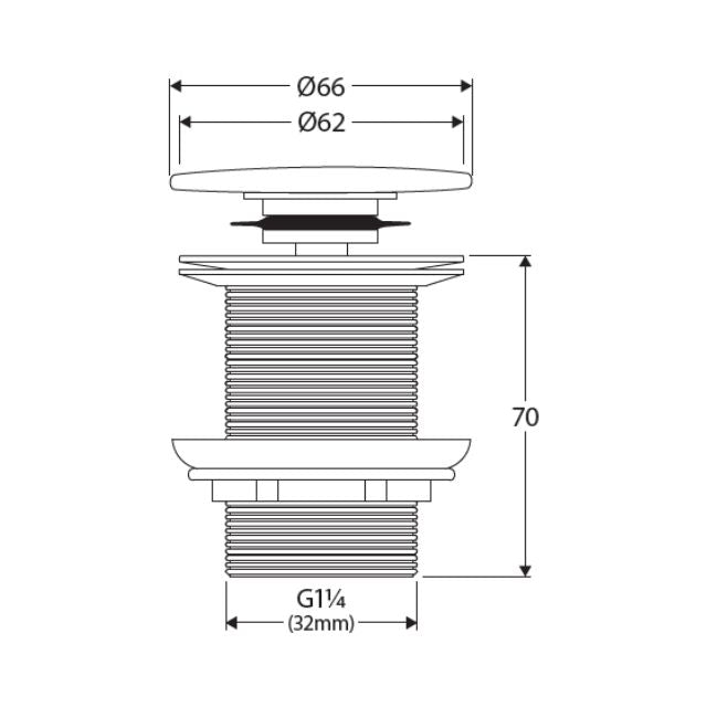 Technical Drawing Fienza Pop Up 32mm Non-Overflow Basin Waste Flat Ceramic Cap Matte White WAS59FMW - The Blue Space