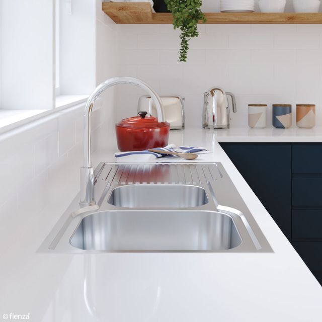 Buy Fienza Tiva 1080 Kitchen Sink 1.75 Bowl With Drainer 19L-12L 1TH 1080X480X180mm 68106L-68106R - The Blue Space