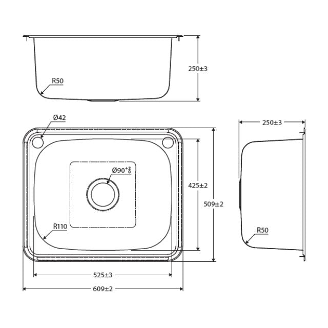 Technical Drawing Fienza Tiva Laundry Sink Large Topmount 50L 2Th 600X500X250mm Includes Flexible Bypass Kit 68202 - The Blue Space