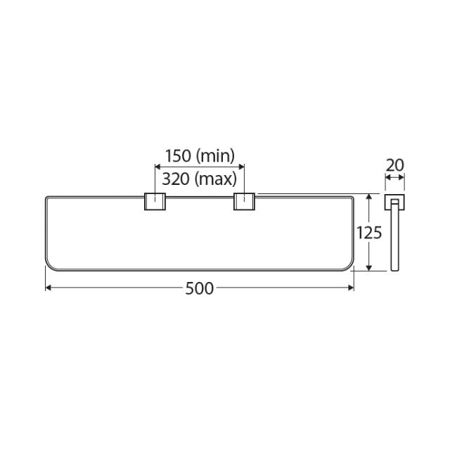 Technical Drawing Fienza Tono Glass Shelf 500mm Brushed Nickel 85107BN - The Blue Space