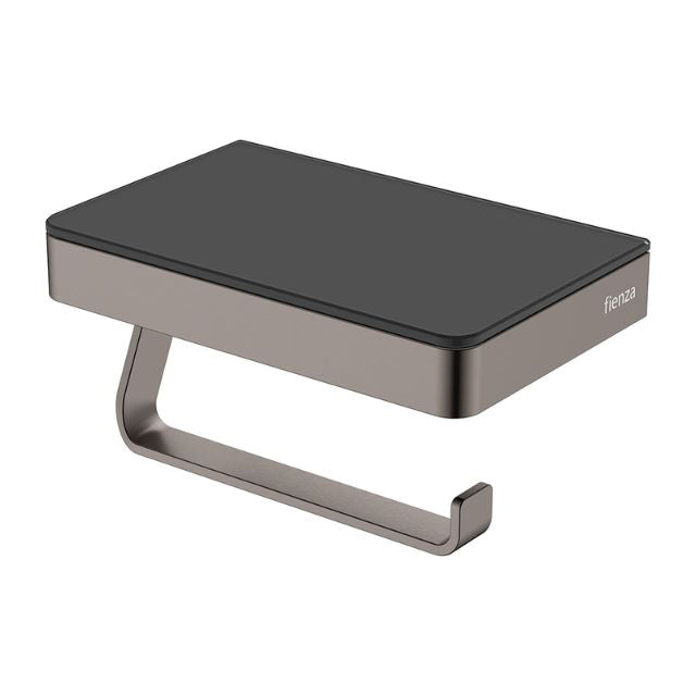 Fienza Tono Toilet Roll Holder With Glass Shelf Gun Metal 85109GM - The Blue Space