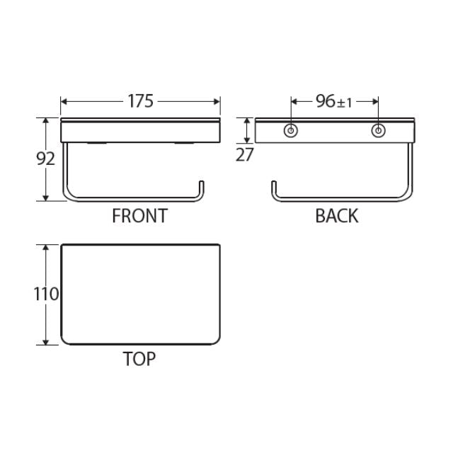 Technical Drawing Fienza Tono Toilet Roll Holder With Glass Shelf Gun Metal 85109GM - The Blue Space