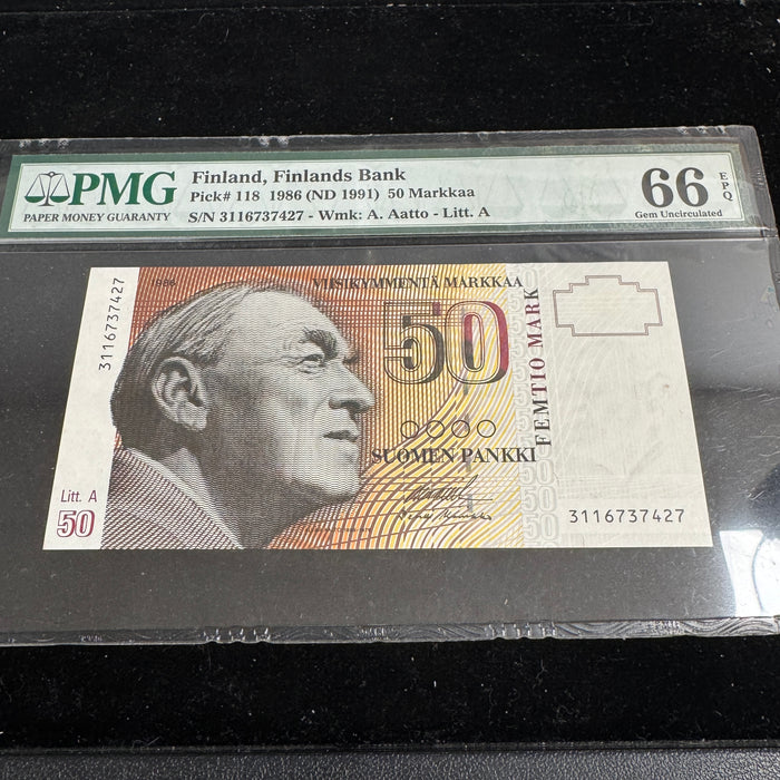 Finland 1986 (1991) 50 Markkaa, P#118, PMG 66 Gem Unc EPQ