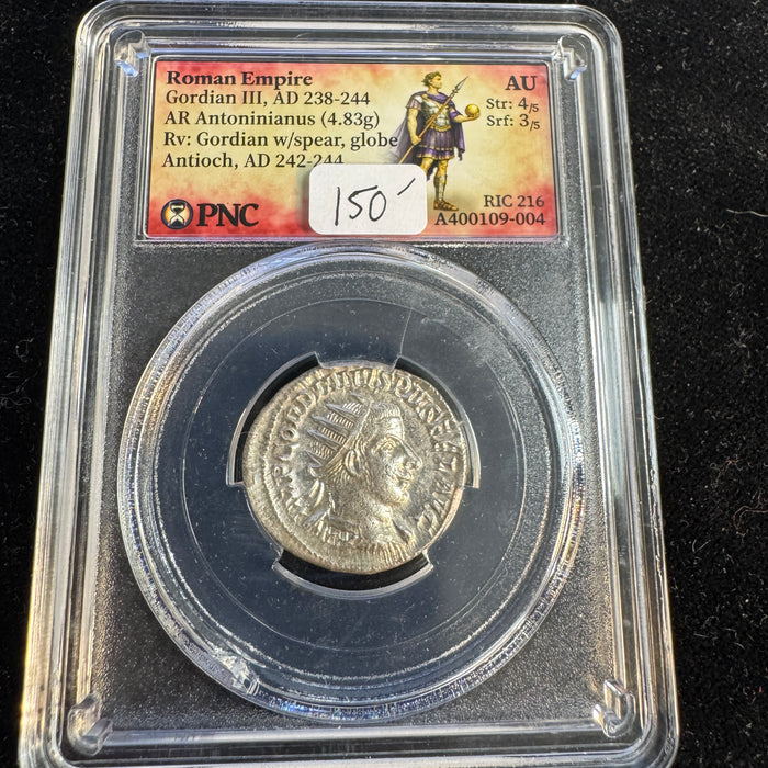 Gordian III (AD 238-244) Roman Empire, AR Antoninianus, Rx: Gordian w/spear, RIC-216, PNC AU