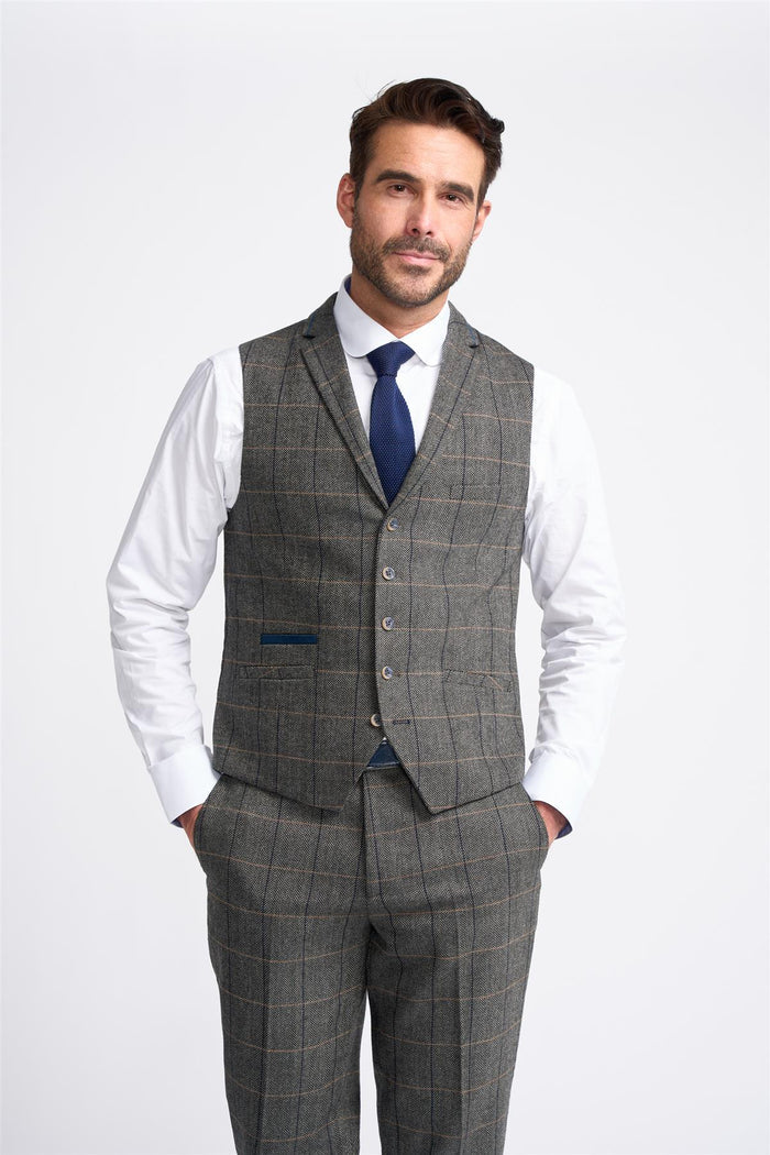 Grey Tweed Check Waistcoat - House of Cavani