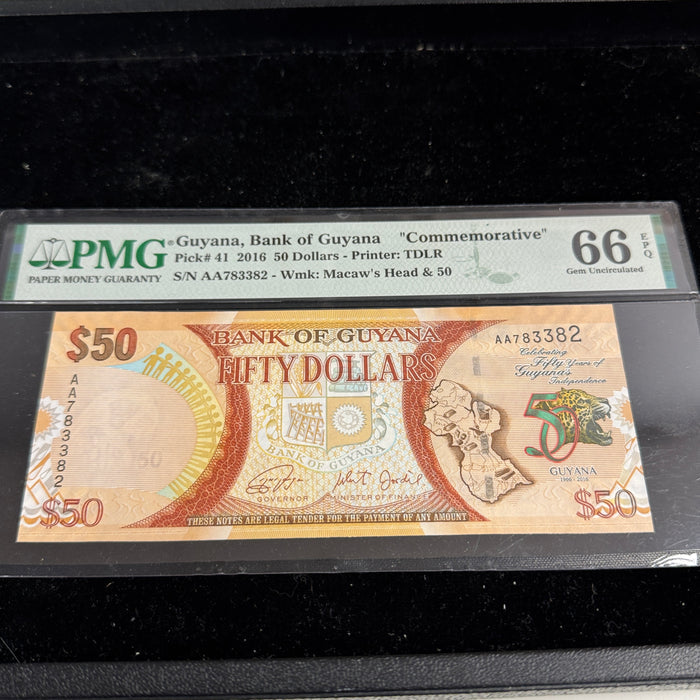 Guyana 2016 $50 Dollars, 50 years Independence, P#41, PMG 66 Gem Unc EPQ