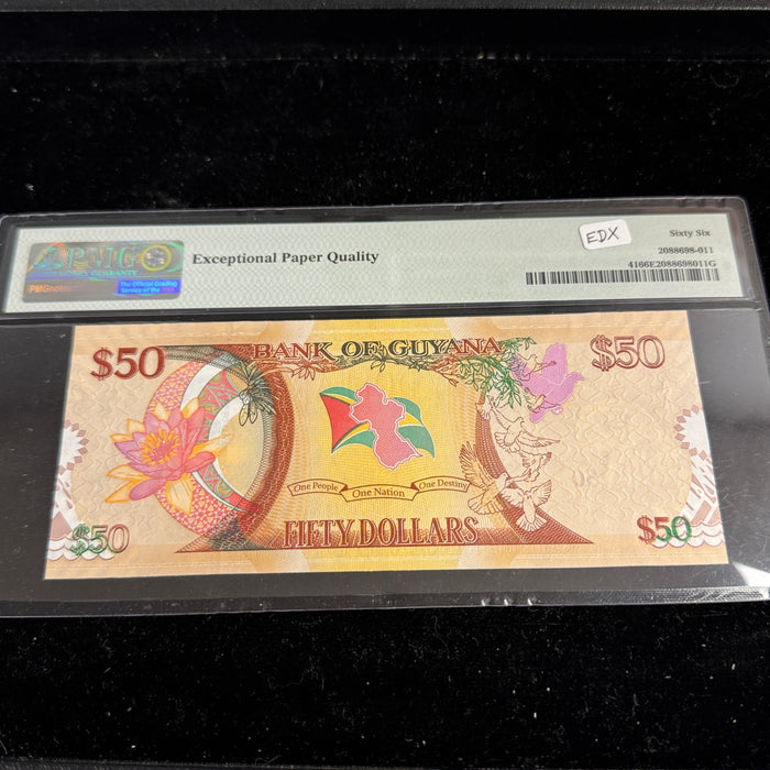 Guyana 2016 $50 Dollars, 50 years Independence, P#41, PMG 66 Gem Unc EPQ