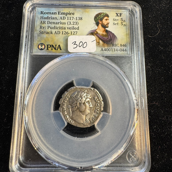 Hadrian (117-138 AD) Roman Empire AR Denarius, Rv: Prudicitia, RIC-846, PNA Choice XF