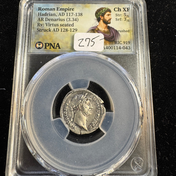 Hadrian (117-138 AD) Roman Empire AR Denarius, Rv: Virtus, RIC-919, PNA Choice XF