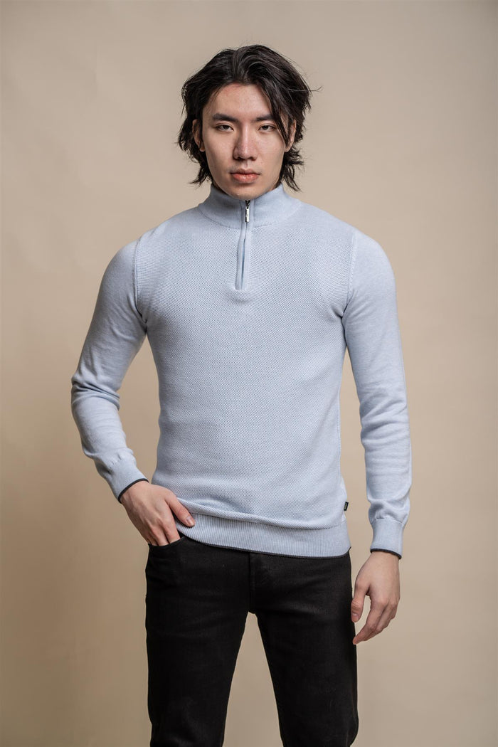 Kyle blue marlyn half zip knitwear front