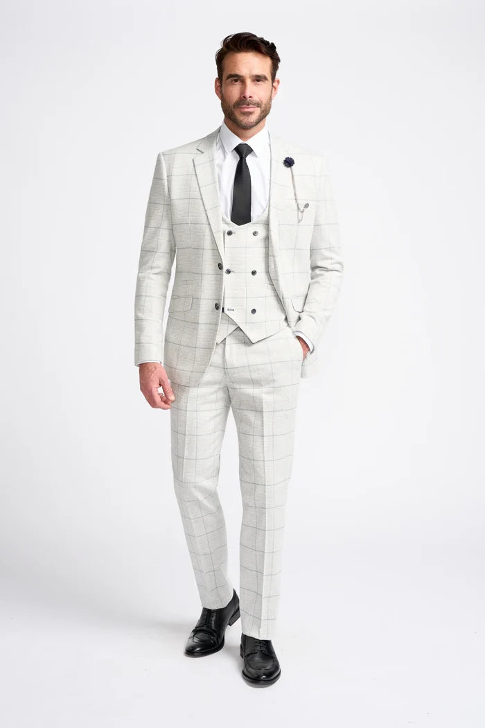 Light Grey Check Three Piece Suit - House of Cavani