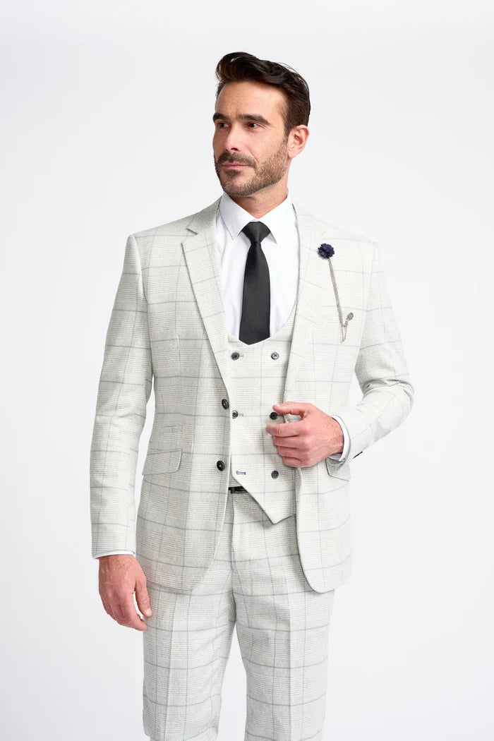 Light Grey Check Three Piece Suit - House of Cavani