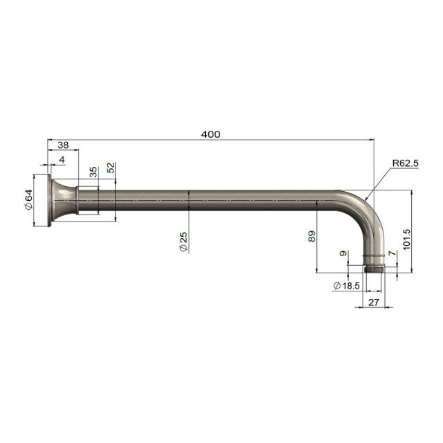 Technical Drawing Meir Harrington Shower Arm 400mm Brushed Nickel HA09-PVDBN - The Blue Space