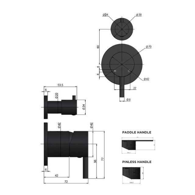 Technical Drawing Meir Round Diverter Mixer Pinless Handle Lustre Bronze Trim Kit MW07TSPN-FIN-PVDBZ - The Blue Space
