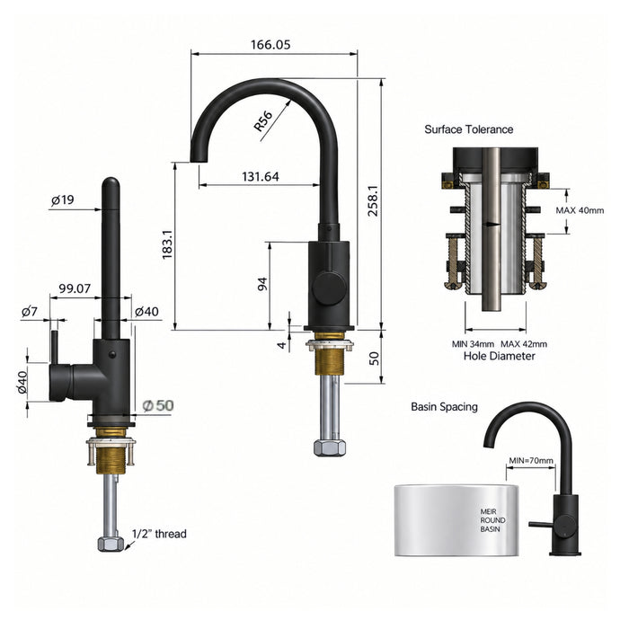 Line Drawing Meir Round Gooseneck Basin Mixer with Cold Start Chrome MB17-C - The Blue Space