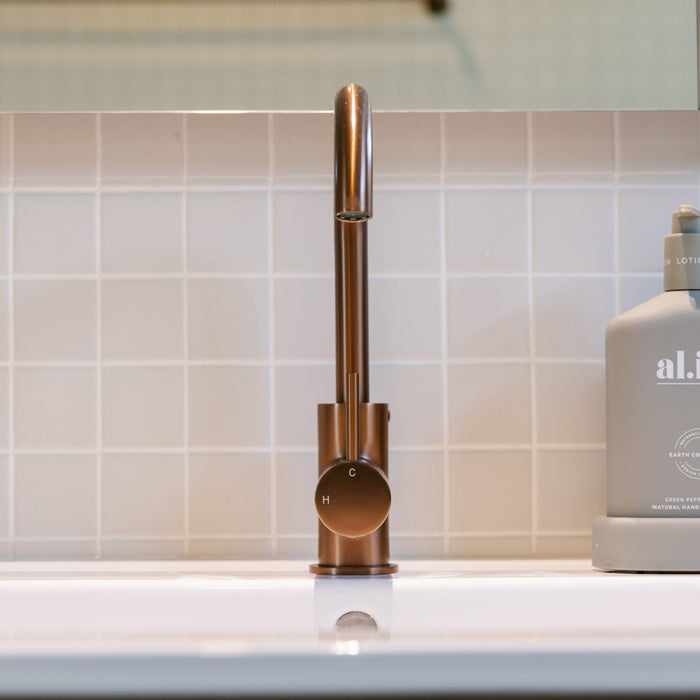 Meir Round Gooseneck Basin Mixer with Cold Start Lustre Bronze