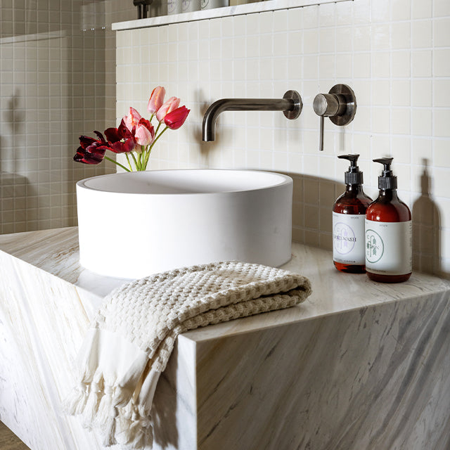 Lifestyle Meir Round Wall Mixer - Shadow with Baö Elegant Back to Corner Bath  - The Blue Space