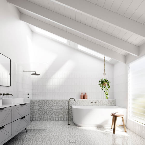 Lifestyle Meir Round Wall Mixer - Shadow with Baö Elegant Back to Corner Bath  - The Blue Space