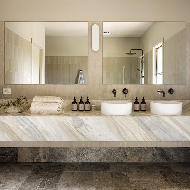 Lifestyle Meir Round Wall Mixer - Shadow with Baö Elegant Back to Corner Bath  - The Blue Space