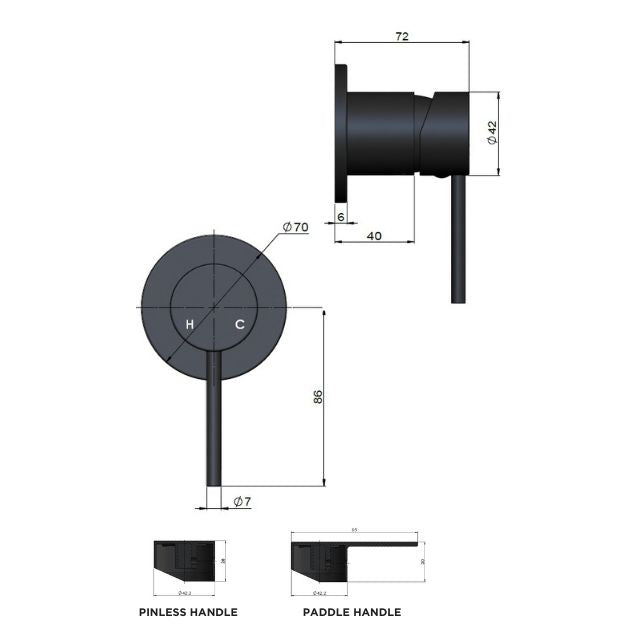 Technical Drawing Meir Round Wall Mixer Paddle Handle Lustre Bronze Trim Kit MW03PD-FIN-PVDBZ - The Blue Space