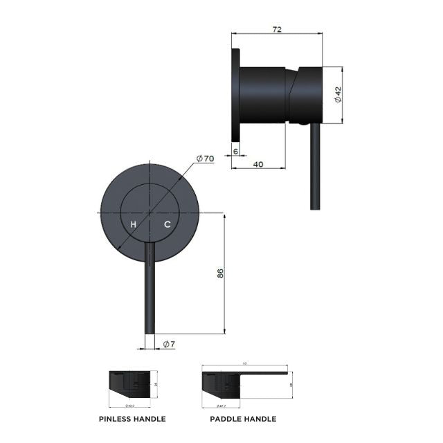 Technical Drawing Meir Round Wall Mixer Pinless Handle Lustre Bronze Trim Kit MW03PN-FIN-PVDBZ - The Blue Space