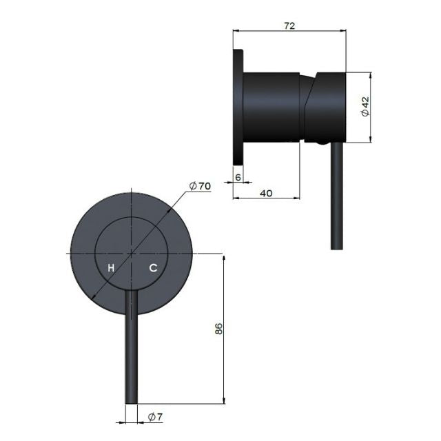 Technical Drawing Meir Round Wall Mixer Shadow Trim Kit MW03-FIN-PVDGM - The Blue Space