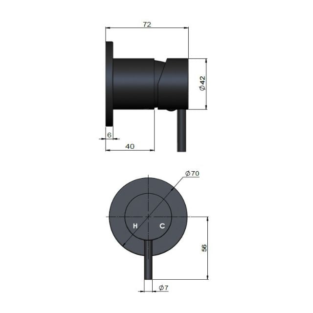 Technical Drawing Meir Round Wall Mixer Short Pin Lever Lustre Bronze Trim Kit MW03S-FIN-PVDBZ - The Blue Space
