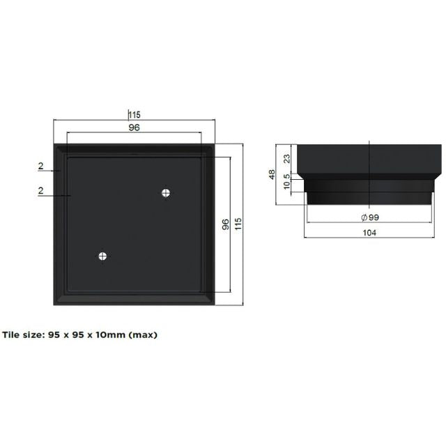 Technical Drawing Meir Shower Waste with Tile Insert Brushed Nickel MP06N-T100-PVDBN - The Blue Space