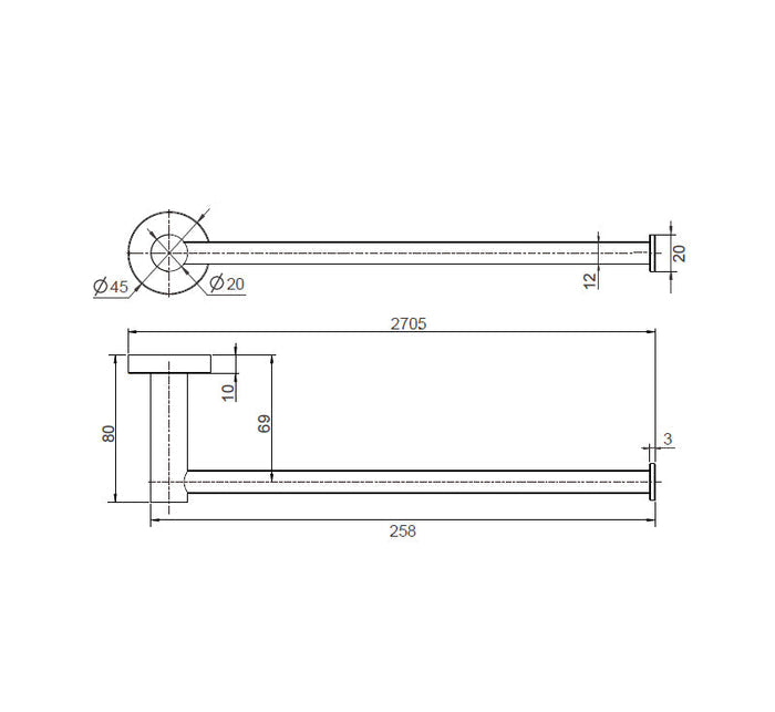 Technical Drawing: Mirage Hand Towel Bar 260mm Chrome