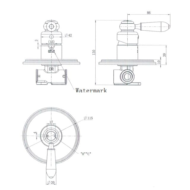 Technical Drawing Modern National Bordeaux Shower Mixer Brushed Nickel - Full Kit BOR008BN-KIT - The Blue Space