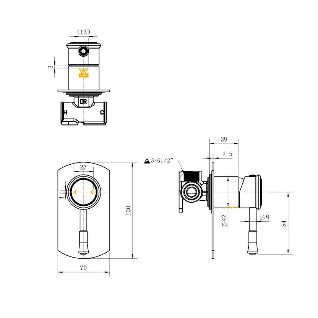 Technical Drawing Modern National Montpellier Shower Mixer Brushed Nickel - Full Kit MON008BN-KIT - The Blue Space