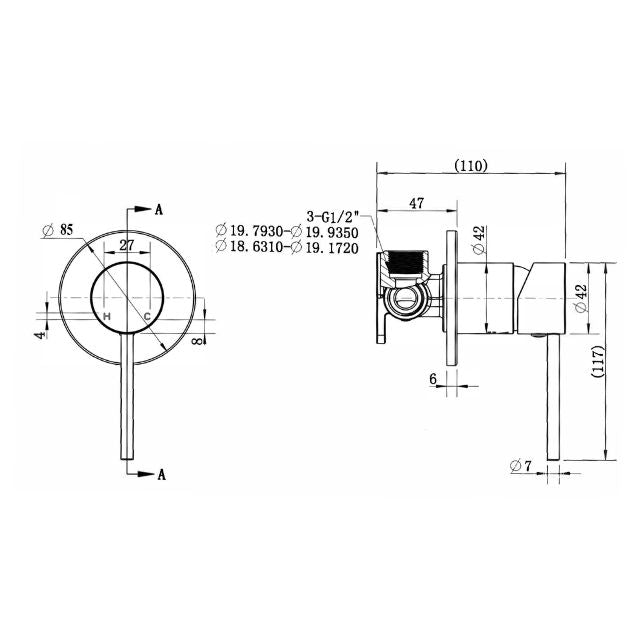 Technical Drawing Modern National Star Mini Shower Mixer 80mm Brushed Bronze - Full Kit STRM008BM-KIT - The Blue Space