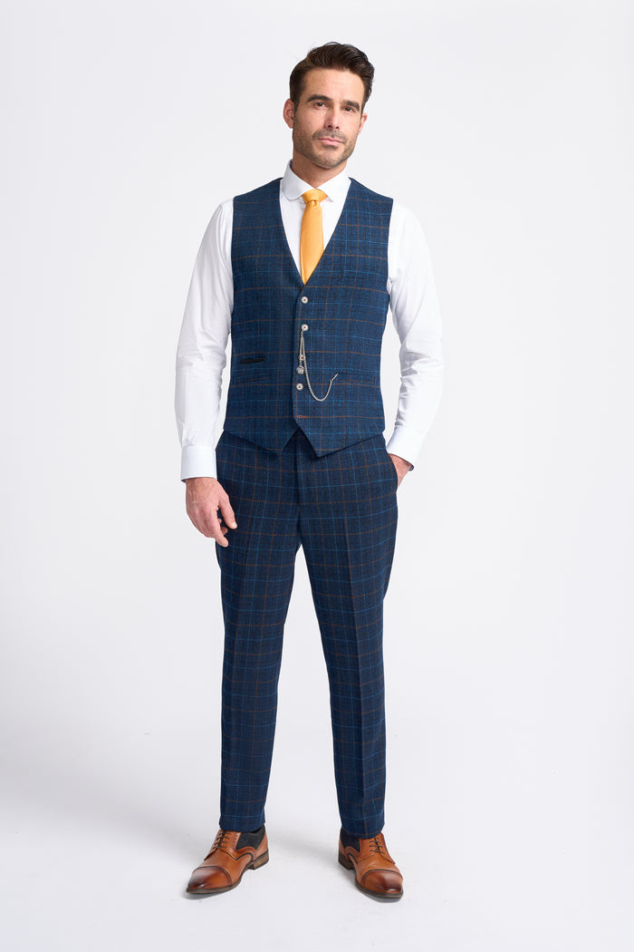 Navy Blue Check Waistcoat - House of Cavani
