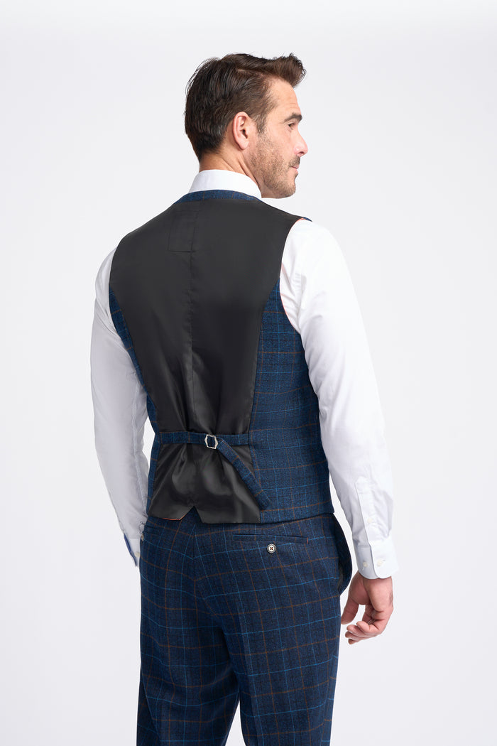 Navy Blue Check Waistcoat - House of Cavani