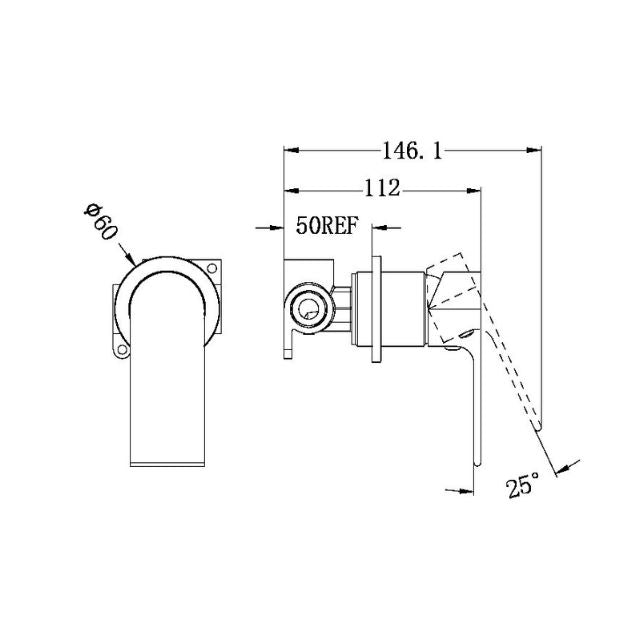 Technical Drawing Nero Bianca Shower Mixer 60mm Plate Brushed Gold NR321511HBG - The Blue Space