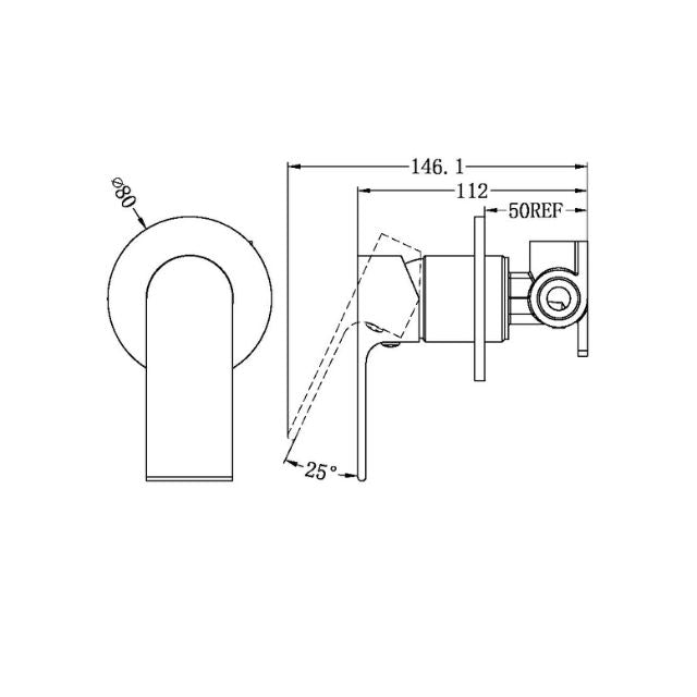 Technical Drawing Nero Bianca Shower Mixer 80mm Plate Gun Metal NR321511DGM - The Blue Space
