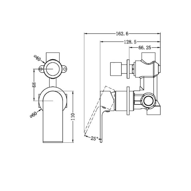 Technical Drawing Nero Bianca Shower Mixer With Diverter Separate Back Plate Brushed Nickel NR321511GBN - The Blue Space