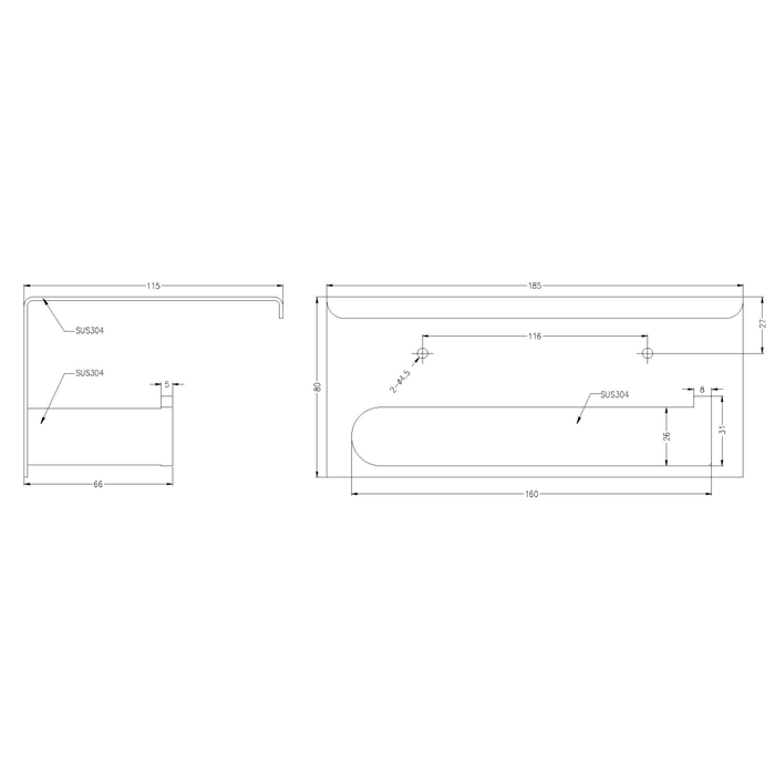 Technical Drawing: Nero Bianca Toilet Roll Holder with Shelf Chrome