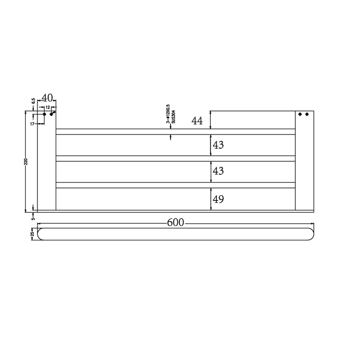 Technical Drawing: Nero Bianca Towel Rack Chrome