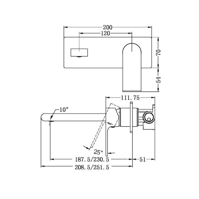 Technical Drawing Nero Bianca Wall Basin/Bath Mixer 187mm Chrome NR321510ACH - The Blue Space