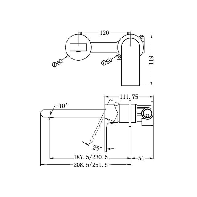 Technical Drawing Nero Bianca Wall Basin/Bath Mixer Separate Back Plate 187mm Brushed Gold NR321510EBG - The Blue Space